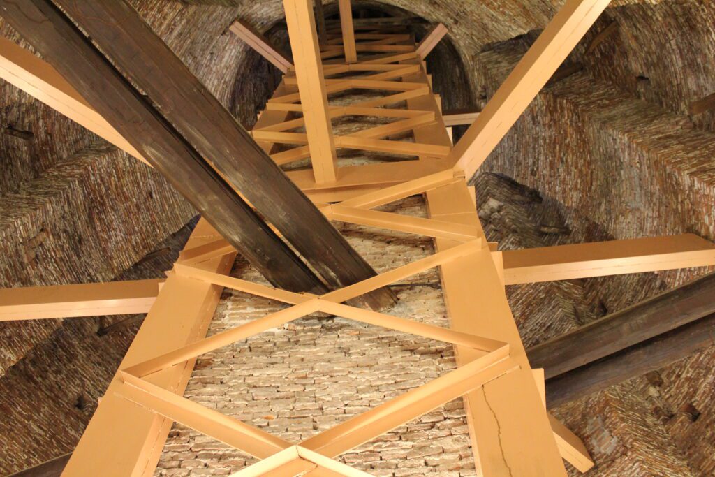 Interior support structure of the bell tower at Wat Prayoon, Bangkok, Thailand.