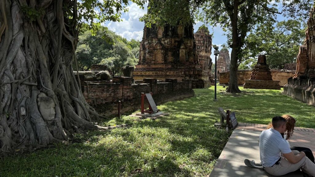 The ruins of Wat Mahathat in Ayutthaya, with the iconic Buddha head entwined in the roots of a Bodhi tree.